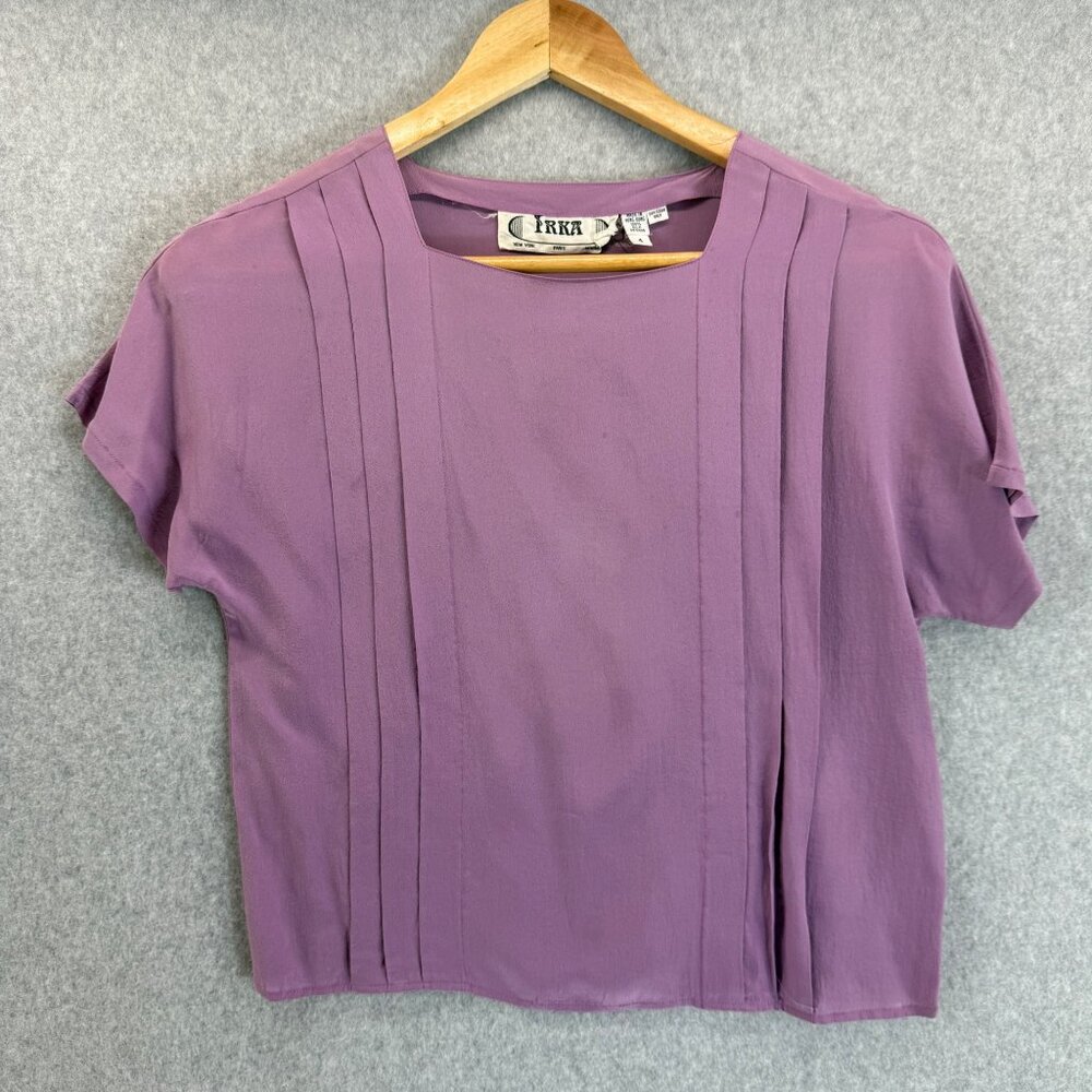 Irka Womens Wisteria Purple Silk Blouse Pleated Short Sleeve Top Vintage Size 4